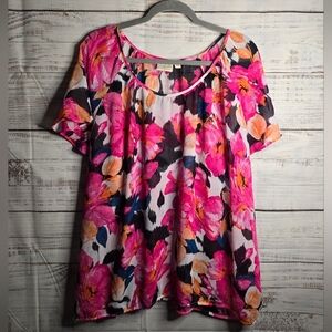 St. John's Bay Pink and Blue Floral Shortsleeve Sheer Top Women Size 3X